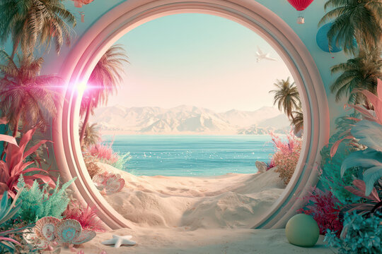 Tropical Beach Through Circular Frame, Surreal Digital Art with Palm Trees, Hot Air Balloons, and Ocean Waves.
