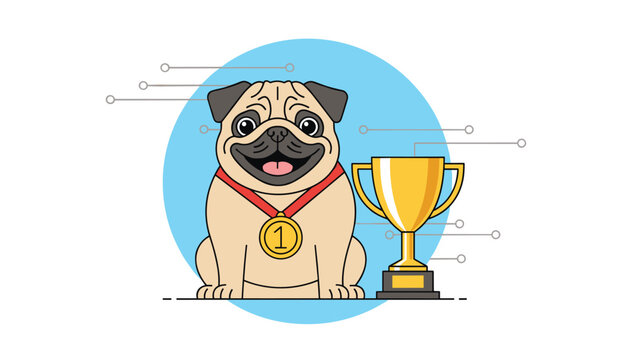 Cute pug dog proudly sitting with a first place gold medal around its neck next to a shiny trophy cup.