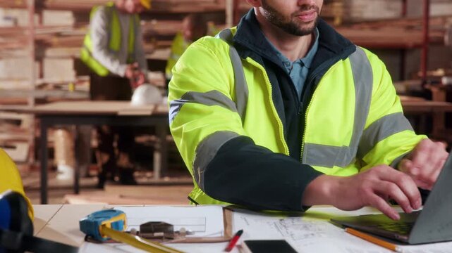 Carpentry, shoulder pain or man in factory with laptop, burnout or joint sprain with muscle injury. Tendinitis, sore or artisan in warehouse with tech, discomfort or fatigue in physical strain.