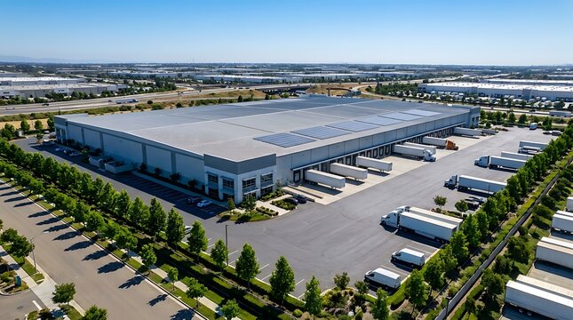 Aerial view of a massive modern distribution center with loading docks and trucks parked in a large logistics industrial park complex during daytime