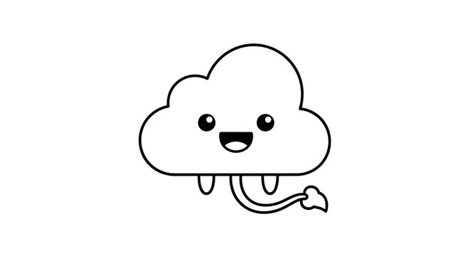Simple black and white line of a sad cartoon cloud with tears and frown crying