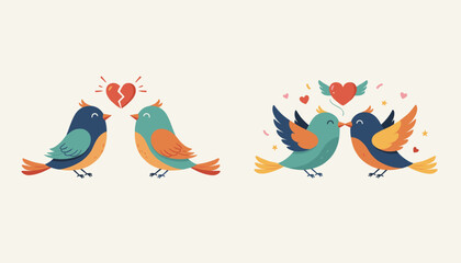 Fototapeta premium Two scenes of cartoon birds showing a broken relationship with a cracked heart and a happy loving couple.