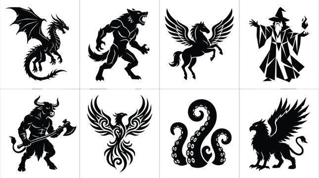 Mythical Creatures and Fantasy Monsters Black Silhouette Vector Icon Set Isolated on White Background