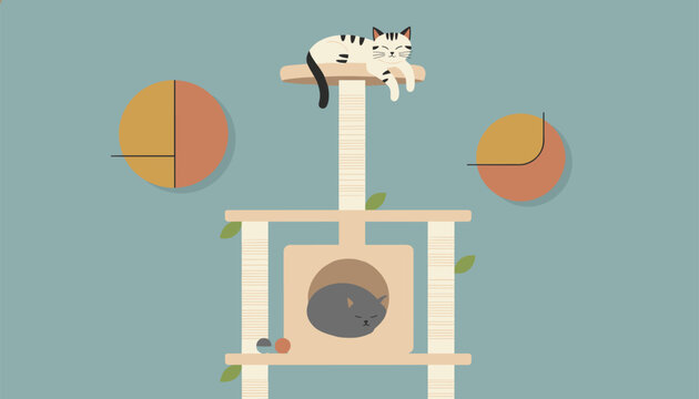 Multi-level cat tree with two sleeping cats relaxing on a platform and inside a cozy cubby house.