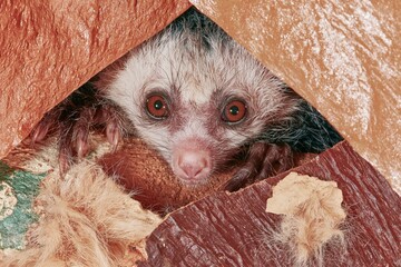 Fototapeta premium Aye-aye lemur with wide eyes peering through a textured forest opening, showing coarse fur and sharp claws for nocturnal wildlife and nature education