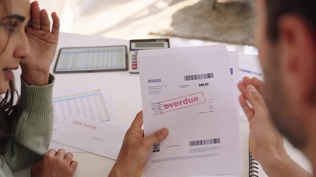 personal financial overdue bill payment debt problem of paycheck to paycheck in couple at home