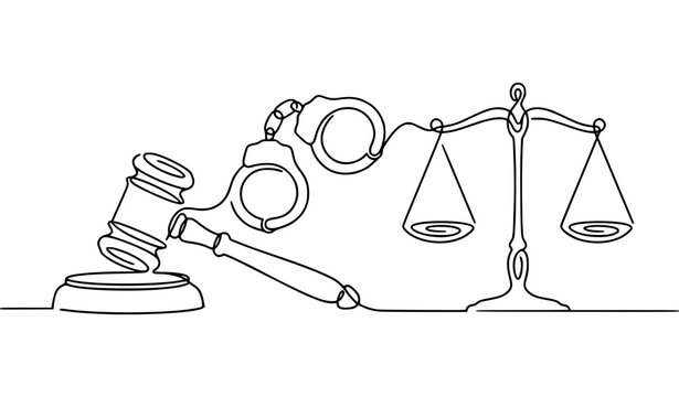 Continuous One Line Law and Justice Concept with Gavel Handcuffs and Themis Scales Vector