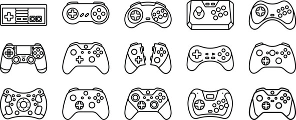 Gaming controller outline collection, retro and modern gamepad icon set, editable line art vector illustration, isolated white background © Vexora Studio
