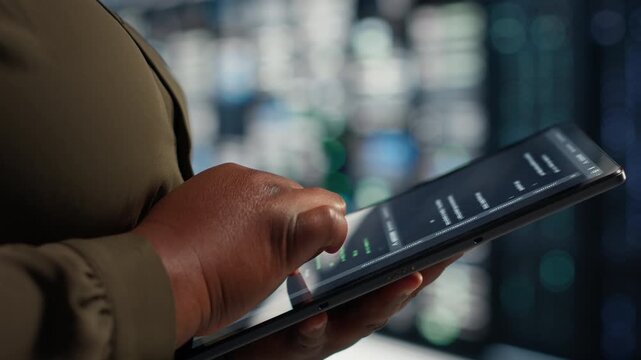 Admin runs equipment checkups in a data center, supporting system stability, equipment checkups, software updates and reliable server infrastructure management within a practical data center workflow.
