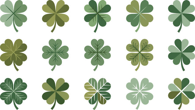 Green four leaf clover collection, lucky shamrock botanical icon set, decorative nature vector illustration, isolated white background design
