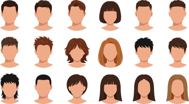 Modern diverse avatar hairstyle collection, faceless men and women portrait icons, flat character creator bundle, isolated white background