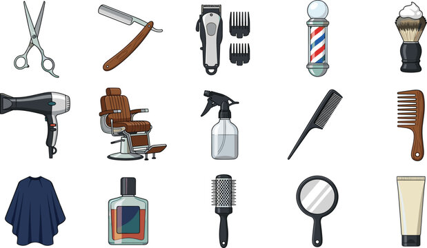 Professional barber tools collection, hair salon equipment icon set, grooming accessories vector illustration, isolated white background design bundle