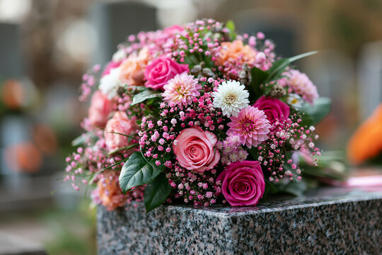 Bouquet of Flowers on a Grave with Pink Roses Baby Breath and Fresh Blooms Celebrating Loving Remembrance and Tribute