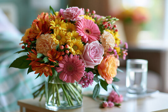 Bouquet of Flowers in Hospital with Colorful Gerberas Roses and Carnations Inspiring Joy During Patient Recovery and Care