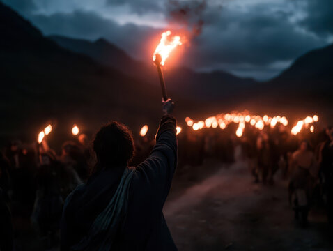 Torchlit procession on a winding mountain path at night, guiding a group through a dramatic valley.