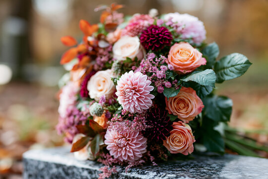 Bouquet of Flowers on a Grave with Soft Roses Dahlias and Seasonal Blooms Honoring Cherished Memories with Love