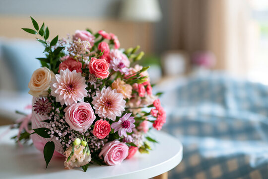 Bouquet of Flowers in Hospital with Soft Pink Roses and Fresh Seasonal Blooms Brightening Patient Recovery Room
