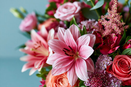 Bouquet of Flowers to Give with Pink Lilies Roses and Delicate Garden Blooms for Elegant Gift Giving Moments