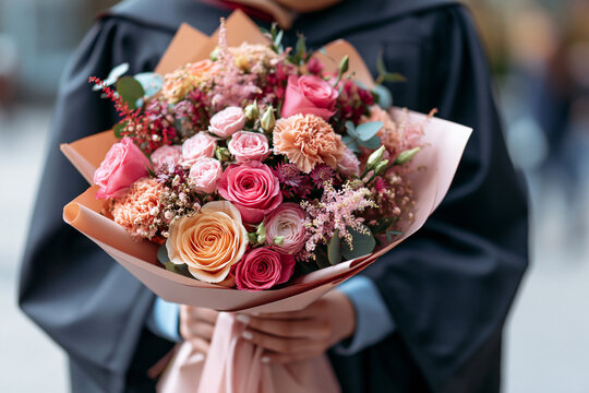 Graduation Flower Bouquet with Vibrant Roses Carnations and Delicate Blossoms Celebrating Academic Achievement and Special Gift Moments