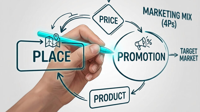 Hand draws marketing mix concept, showcasing elements like place, price, product, and promotion, symbolizing business strategy and target market connection