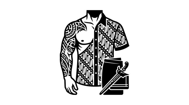 Indonesian Batik Shirt, Kemeja Batik, Tattoos, and Keris Dagger