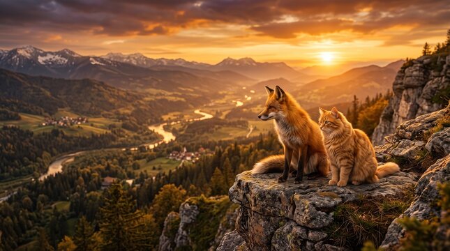 Wild Fox and Orange Cat Sitting Side by Side on Rocky Cliff Edge Overlooking Mountain River Valley at Sunset