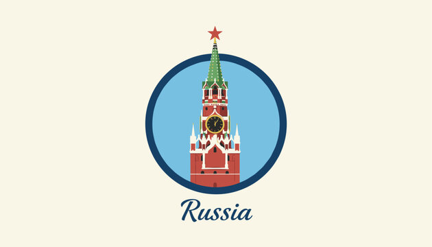 Iconic clock tower of Moscow Kremlin with the Russian flag colors and text Russia, isolated on a light cream background.
