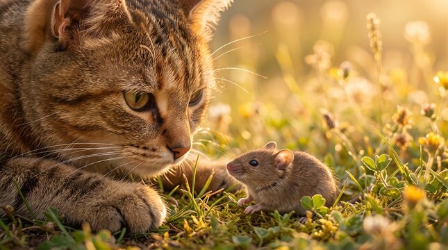 Intense Macro Close Up of a Tabby Cat and Tiny Field Mouse Interacting in Green Grass and Flowers