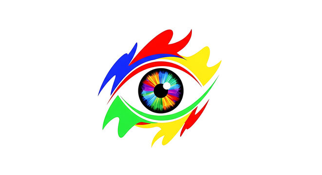 Vibrant abstract of a stylized eye with rainbow iris and multicolored rays pupil