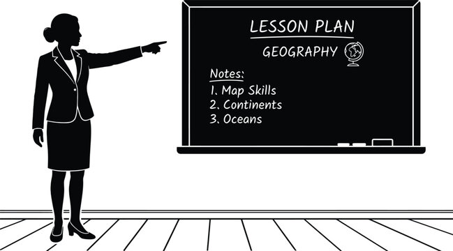 Back to school silhouette teacher presenting geography lesson plan at chalkboard isolated on transparent background