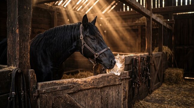 Majestic Black Horse Interacting with a Cat in a Rustic Barn Stall with Dramatic Sunbeams and Light Rays