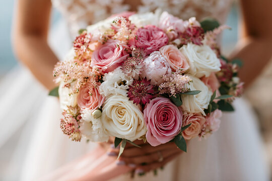 Bridal Bouquet with Peach Roses White Flowers and Romantic Garden Blooms for Classic Wedding Celebration and Lasting Memories