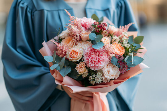 Graduation Flower Bouquet with Pink Roses Carnations and Elegant Pastel Blooms for Memorable Graduation Celebration Gift