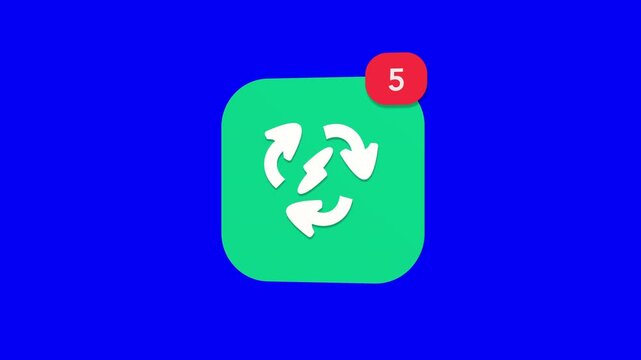 3D green energy recycling concept with lightning bolt inside a circular loop arrow layout notification icon popping up on blue screen.