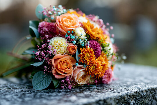 Bouquet of Flowers on a Grave with Orange Roses Chrysanthemums and Gentle Blooms Offering Heartfelt Memorial Tribute