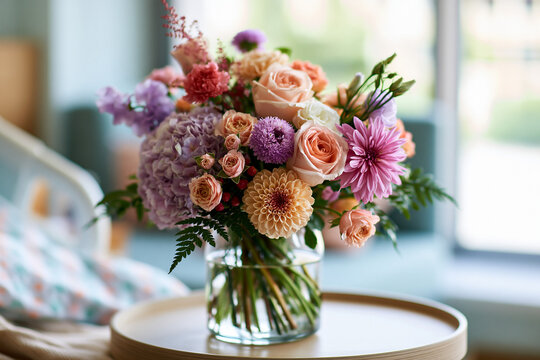 Bouquet of Flowers in Hospital Featuring Elegant Pastel Roses Hydrangeas and Fresh Blooms to Encourage Patient Recovery
