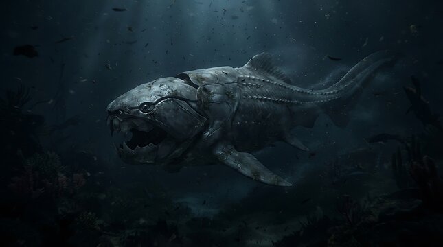 Massive Dunkleosteus swimming in the deep sea