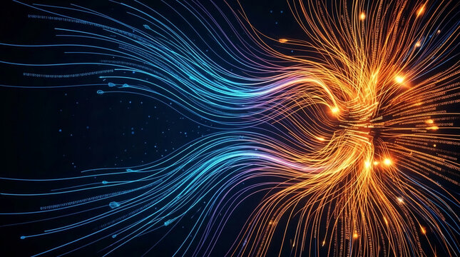 Abstract digital art with flowing blue and orange lines, featuring binary code, symbolizing data flow and technological advancement