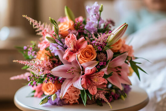 Bouquet of Flowers in Hospital with Pink Lilies Roses and Spring Blooms Offering Hope Comfort and Healing Support
