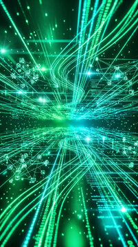 Abstract green light trails and binary code flow, representing data, technology, and digital connection, perfect for tech concepts.