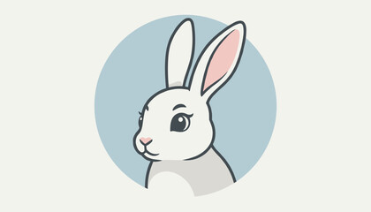 Fototapeta premium Detailed portrait of a cute fluffy white rabbit with pink inner ears looking forward inside a soft blue circular frame.