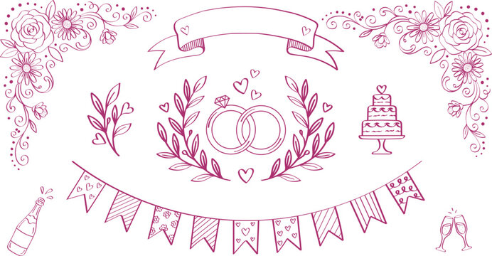 Romantic pink wedding doodle set with rings floral borders cake and banner