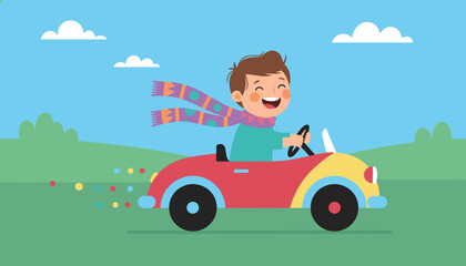 Fototapeta premium Happy young boy driving small red toy car through green hills under bright blue sky with colorful scarf blowing in wind.