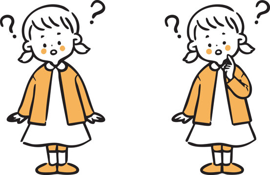 疑問を持つ女の子　全身　ベクター（オレンジ）