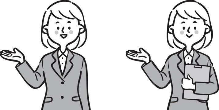 スーツを着た女性社員が案内しているイラスト　上半身　ベクター（オレンジ）