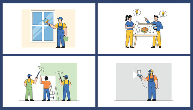 Set of professional painters and decorators working on various interior renovation projects in clean flat design style.