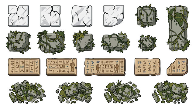 Ancient stone ruins and hieroglyphic tablets vector set, 23 mossy rock elements and jungle vines, archaeological artifact icons for game design