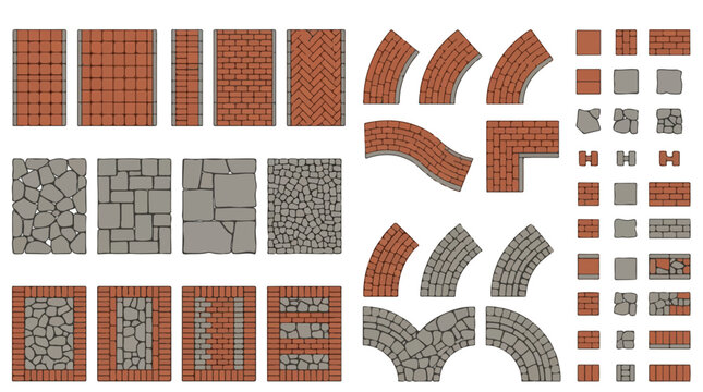 Red brick and stone paving vector set, architectural cobblestone pavement patterns, landscape design masonry textures for garden paths and urban walkways
