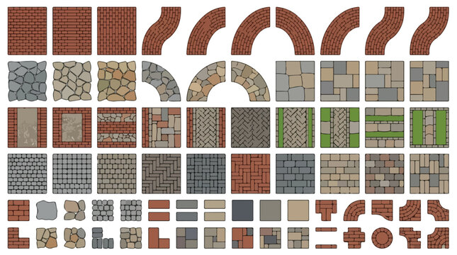 Paving stone texture set, landscape architecture garden path tiles, brick walkway and cobblestone pavement vector collection for patio design