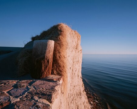 Weathered timber piling on a scarped sand cliff remains after coastal erosion and hurricane damage for environmental and climate change storytelling